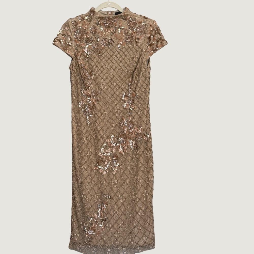 Adrianna Papell Sequin Beaded Lace Sheath Dress Champagne Gold M MOB wedding